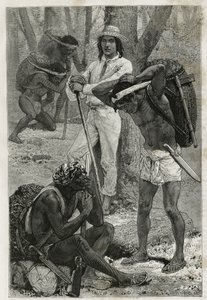 Les porters (caucheros), v Darienu (oblast východní Panamy), rytina podle kresby D. Maillarta pro ilustraci příběhu Průzkum šíjí Panamy a Darienu, od A. Recluse, poručíka lodi, v letech 1876 až 1878 , zveřejněné v tour du mo od French School