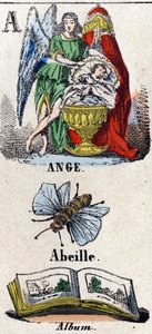 Písmeno A jako Angel, Bee a Album. Ochranný anděl poblíž dítěte spícího v kolébce. Malá encyklopedická abeceda. Imaging of Epinal, cca 1860. Dřevoryt, šablonováno se zlacením. Rozměr: 37,8 x 50,3 cm. Soukromá sbírka od French School