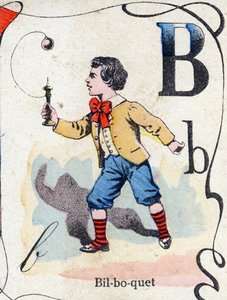 Písmeno B Bilboquet. Rytina v "ABC des joux pour petits boys". Imaging of Pont-a-Mousson, Louis Vagne, tiskárna-nakladatel, konec 19. století. Rozměr: 32,5 x 25 cm od French School