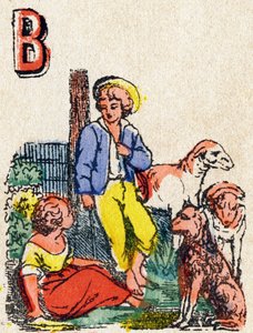 Písmeno B Pastýři. Rytina v "Alphabet des jeux"". Pan Vagne, redaktor, Pont-a-Mousson, konec 19. století. Růžová série. 12 stran. Album obsahující zjednodušený způsob čtení a ilustrovanou abecedu. Rozměr: 16,5 x 11 cm od French School
