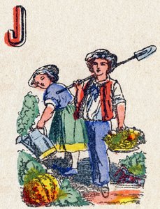 Písmeno J Zahradníci. Rytina v "Alphabet des jeux"". Pan Vagne, redaktor, Pont-a-Mousson, konec 19. století. Růžová série. 12 stran. Album obsahující zjednodušený způsob čtení a ilustrovanou abecedu. Rozměr: 16,5 x 11 cm od French School