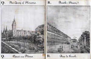 Dopis s otázkami a odpověďmi: Květinový dok a ulice Rivoli - "Alphabet Picturesque des Monumens de Paris" kolem roku 1840 (rytina) od French School