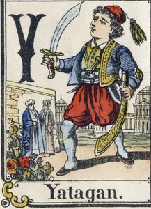 Písmeno Y: Yatagan. Rekreační abeceda. Epinální zobrazování. Šablonové dřevoryty, kolem roku 1880. Malá knížečka o 16 stranách od French School