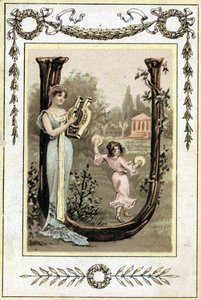 Dopis představující matku hrající na lyru a její dceru tančící s tympány, konec 19. století (chromolitograf) od French School