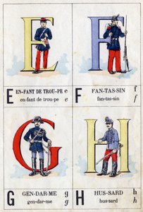 Písmena E jako dítě v oddíle, F jako pěšák, G jako lokaj a H jako husar. ABC armáda. Zobrazování Epinalu od French School
