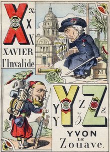 Písmena X Y Z: Xavier invalida a Yvon Zouave. Rytina v "Comic Military Alphabet". Pátá série. Epinální zobrazování. Pellerin & Cie, tiskárny, Epinal, konec 19. století. 16 stran. Rozměr: 25 x 18,5 cm od French School