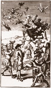 Evokace démonů, rytina z roku 1710 v „Příběhu extravagantních představ monsieur Oufle“ od Laurenta Bordelona (1653-1730) od French School