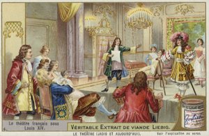 Liebigova karta s francouzským divadlem za vlády Ludvíka XIV od French School