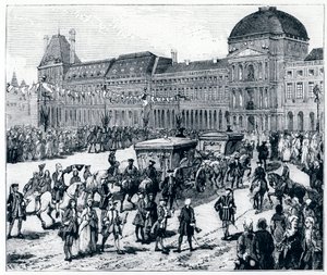 Život za Ludvíka XV.: Král přijíždí do Palais des Tuileries, kde na něj čeká královna a delfín – v „Paříži v průběhu staletí“ od Genouillaca od French School