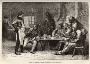 Interiér tábora dřevorubců v Ontariu, rytina podle kresby D. Maillarda, znázorňující exkurzi do Kanady a k Northern Red River, od H. De Lamotte, v roce 1873, publikovaná v „“Le world tour“““ 1875 , upravil Edouard od French School
