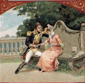 Louis Alexandre (Louis-Alexandre) Berthier (1753-1815), princ z Wagramu, s Madame Visconti, jeho milenkou, na zámku de Grosbois. Chromolitografie konce 19. století od French School