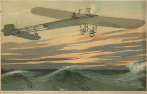 Louis Bleriot při prvním letu přes kanál La Manche v letadle těžším než vzduch, 25. července 1909 (barevná litografie) od French School