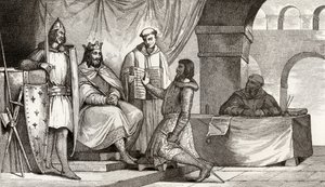 Ludvík II. (848-79) Stammerer přijímá přísahu věrnosti od šlechtice, z Colartovy knihy "Histoire de France", vydané kolem roku 1840. od French School