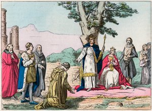 Louis IX, dit „Saint-Louis““ (1214-1270) poskytuje spravedlnost všem svým poddaným v Bois de Vincennes - Saint Louis (1214-1270) poskytuje spravedlnost – rytina konce 19. století v „Nos Gires Nationales - Obrázky a recitace"" od French School