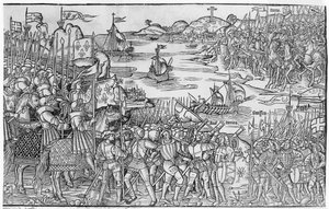 Ludvík IX. Francouzský vyloďující se v Damiettě během sedmé křížové výpravy, z „Grand Voyage de Hierusalem“, publikované 1522 od French School