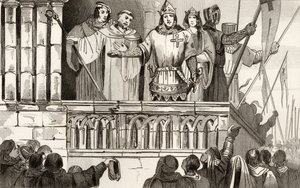 Ludvík VII. (1120-80) Mladý získává podporu pro druhou křížovou výpravu v roce 1144 z „Histoire de France“ od Colarta, vydaného kolem roku 1840 od French School