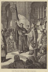 Ludvík VII. bere prapor z oltáře Saint-Denis (rytina) od French School
