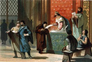 Louis VI dit Le Gros (1081-1137) vydal poštovní listiny obcí. Chromolitografie kolem roku 1890. od French School