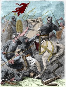 Ludvík VI. řekl „The Gros“ (1081 - 1137), v bitvě u Brenneville se v roce 1119 pokusil dobýt Normandii od anglického krále Jindřicha I. Rytina v „“ Histoire De France En Cent Paintings od Paula Lehugeura „“ 1891. od French School