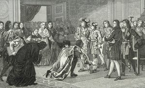 Ludvík XIV. (1638-1715) král Slunce představuje svého vnuka Filipa V. (1683-1746) španělským vyslancům, z Colartova „Histoire de France“, vydaného kolem roku 1840 od French School
