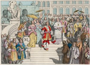 Louis XIV (Louis 14) a jeho dvůr ve Versailles - Ludvík XIV. Francouzský a jeho dvůr ve Versailles - Rytina konce 19. století v „“ Nos Gires Nationales – Images et recits““ od French School