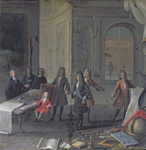 Ludvík XIV. navštěvující lekci svého pravnuka, budoucího Ludvíka XV., kolem roku 1715 od French School