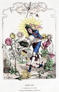 Ludvík XIV. převlečený za zahradníka – v „“ Histoire de France Tintamarresque““ od Touchatout od French School