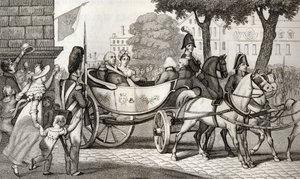 Ludvík XVIII. (1755-1824) vstupuje do Paříže při restaurování v roce 1814, z „Histoire de France“ od Colarta, vydaného kolem roku 1840 od French School