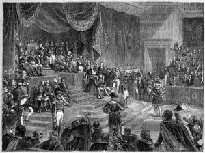 Ludvík XVIII a ustavení konstituční monarchie - Ústavní listina ze 4. června 1814 - Ludvík XVIII. předsedá zahájení zasedání sněmoven dne 4. června 1814 v Palais Bourbon v Paříži - v „Histoire de l