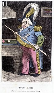 Ludvík XVIII. hraje kulečník – v „“ Histoire de France Tintamarresque““ od Touchatout od French School