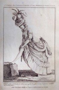 Móda Ludvíka XVI.: portrét nohy mladé ženy v polských šatech v pruhovaném taftu. Rytina z roku 1778. Paříž, dekorativní umění od French School