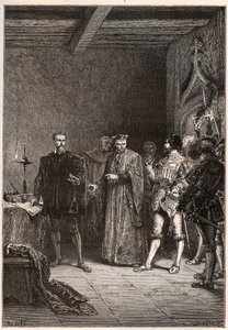 Louis de Berquin (1485-1529), rytíř a humanista, náboženský reformátor, osvobozen Jean de la Barre (1523-1533) prevot de Paris - Louis de Berquin (vlevo) propuštěn z vězení Johnem de la Barre - rytina z „“ Historie Francie vyprávěná mé babičce od French School