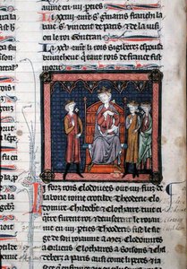 MS.782 Childeric II (c.650-675), Clodomir (c.495-524) a možná Theodorik, reprezentovaný jako pod ochranou krále Clotaire I (c.497-561), sedícího na trůnu, miniatura z r. Chroniques de Saint-Denis (vellum) od French School