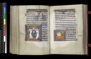 MS 300 f202v-203r, Volební právo pro St Denis a Volební pro St Eustace, od žaltáře a hodin Isabelly Francie, Paříž, c.1265-70 od French School