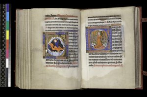 MS 300 f.206v-207r, Volební právo svaté Markétě a Volební právo svaté Kateřině, ze Žaltáře a hodin Isabely Francouzské, Paříž, c.1265-70 (pero & inkoust a tempera na pergamenu) od French School
