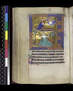 MS 300 f.70v, David se modlí k Bohu (nahoře), David se potápí ve vodě (dole), ze Žaltáře a hodin Isabely Francouzské, Paříž, kolem 1265-70 (pero & inkoust a tempera na pergamenu) od French School