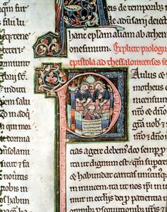 MS 3 Fol. 291v Útěk svatého Pavla z Damašku, iluminované počáteční písmeno P, 13. století, z Bible Avranches od French School