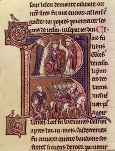 MS Fr 9081 f.99v Historická iniciála R zobrazující flanderského krále Balduina I. (1171-1205) korunovaného na latinského císaře v roce 1204 a jeho štědrost vůči turecké ženě, která poslala své dítě pryč od French School