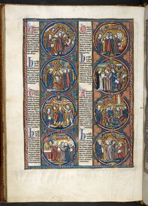 SLEČNA. Harley 1527, f.80v, miniatury z Bible moralisée (vellum) od French School