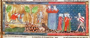 M. 806 f.166 Lancelot dokazuje svou lásku ke Guinevere překročením řeky překlenuté ostrým mečem, od Romana de Lancelot du Lac, 1344 od French School