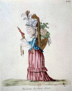 Madame of the Three States Žena oblečená v elegantním oblečení a nesoucí košík ovoce a zeleniny představující tři státy v době francouzské revoluce. Rytina z roku 1789. Knihovna Arsenalu, Paříž od French School