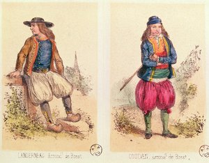 Mužské kostýmy od Landerneaua a Goulvena, z knihy Les Costumes Bretons de Sorrieu od French School