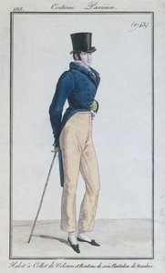 Pánský oblek se sametovým límečkem, hedvábnými knoflíky a nankeenovými kalhotami, 1816 od French School