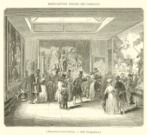 Manufacture des Gobelins, výstavní místnost (rytina) od French School