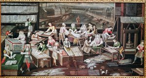 Výroba hracích karet v domě na náměstí Dauphine (design pro fanouška, kvaš na papíře, cca 1680) od French School