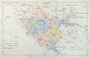 Mapa Bosny s podrobnostmi o oblastech obsazených menšinovými etnickými skupinami, 1910 (pero, inkoust a wc)