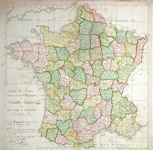 Mapa Francie zobrazující plány na rozdělení departementů, 1789 (barevné lito a inkoust)