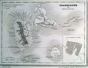 Mapa Guadeloupe a jeho závislostí. Rytina 19. století. Chartres, Muzeum výtvarných umění od French School
