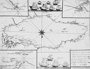 Mapa jezera Ontario s anglickou a francouzskou flotilou od French School