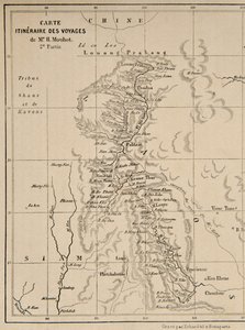 Mapa Laosu a řeky Mekong zobrazující trasu plavby Henriho Mouhota, ilustrace z Cesty po centrálních částech Indočíny (Siam), Kambodži a Laosu v letech 1858, 1859, a
